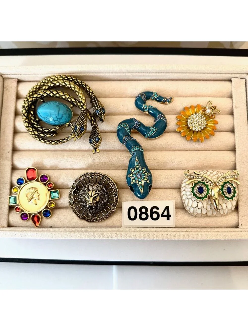 Costume Jewelry Lot Snake Pendant Brooch Pin Owl Sunflower Lion Gold Tone